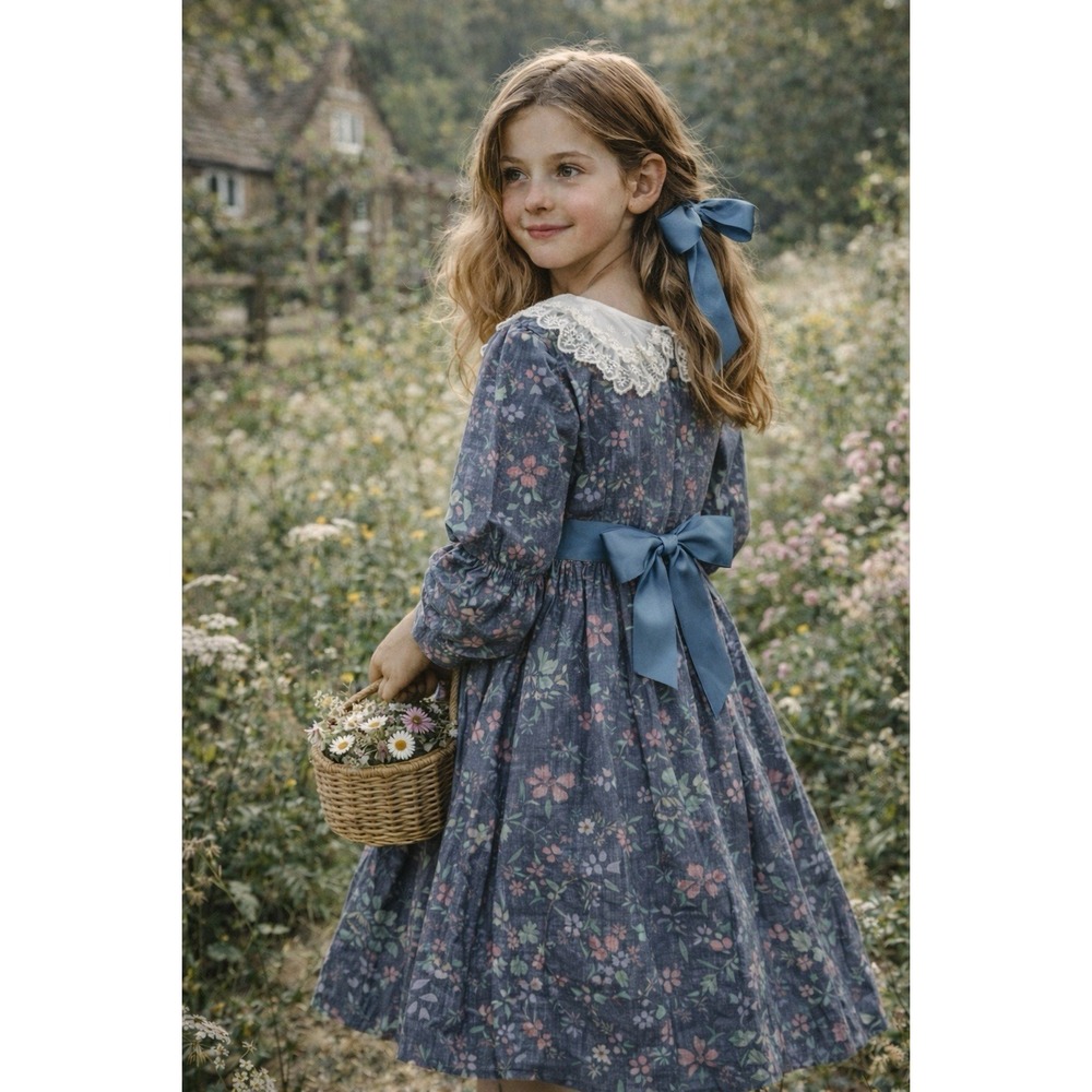 Vtg Sarah Kent Dress Girls 14‎ Blue Floral Lace Collar Prairiecore Cottagecore